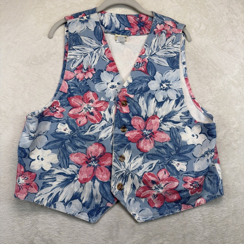 Vintage 90s Floral Denim Vest Tropical Resort Waistcoat Made in USA